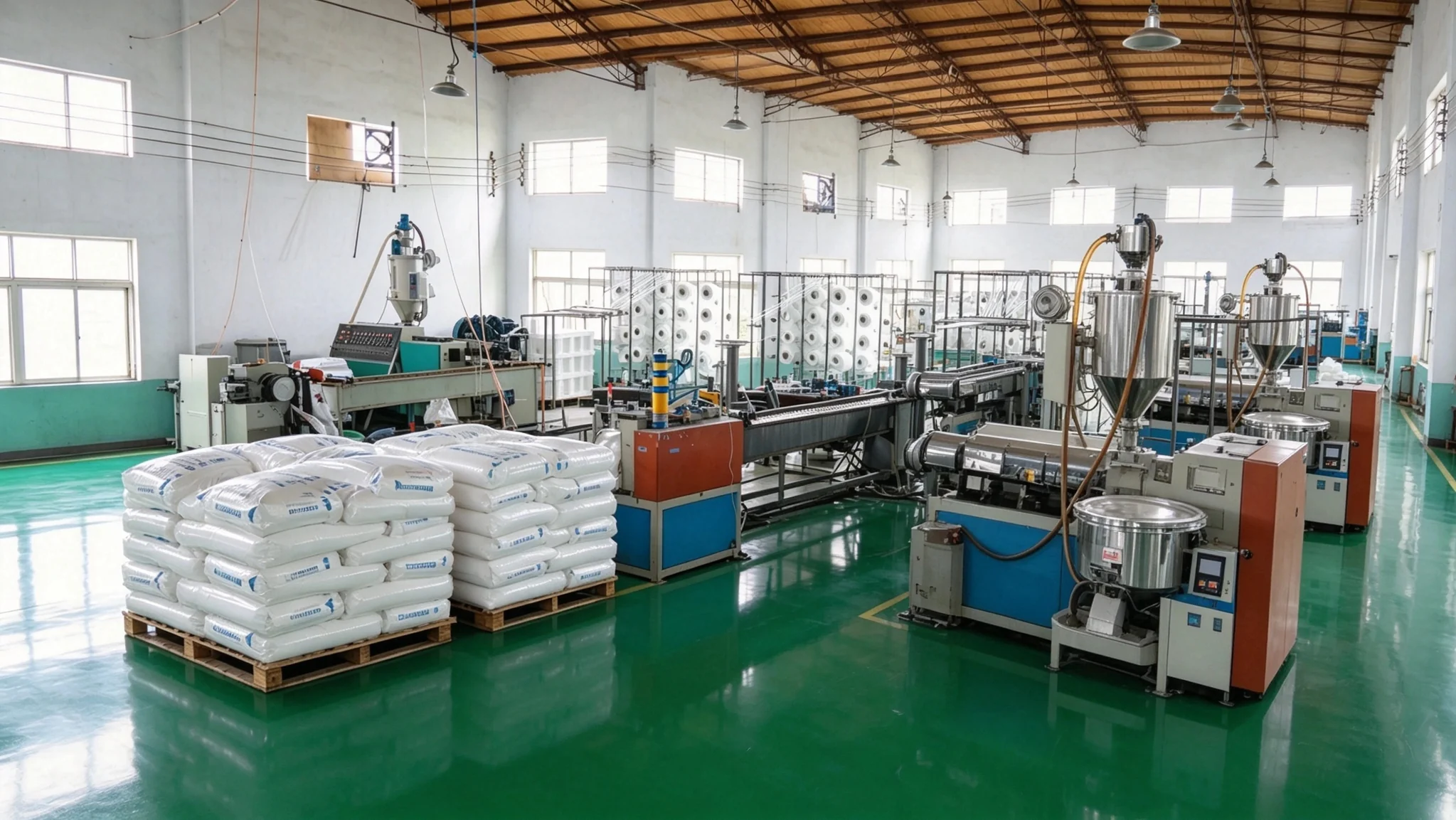 Composite strapping production equipment and organized raw materials in a workshop with a clean green floor