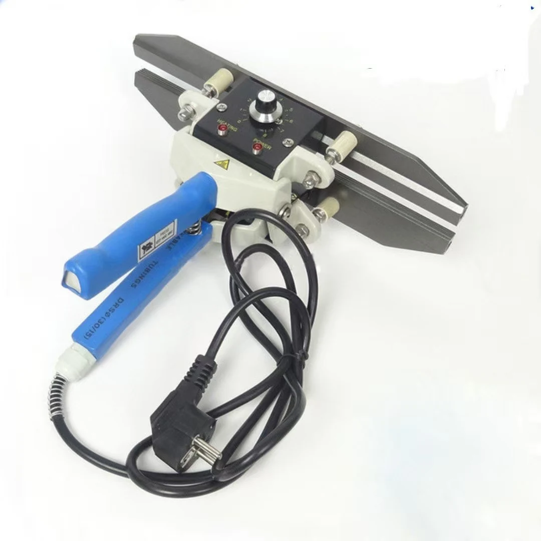 FKR400 handheld heat sealer with blue handles, long sealing jaws, a control dial and a black power cable on a white background.
