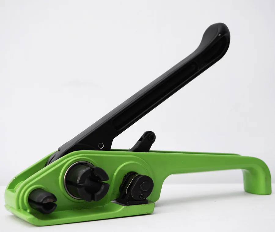 Green manual strapping tensioner with a long black lever handle.